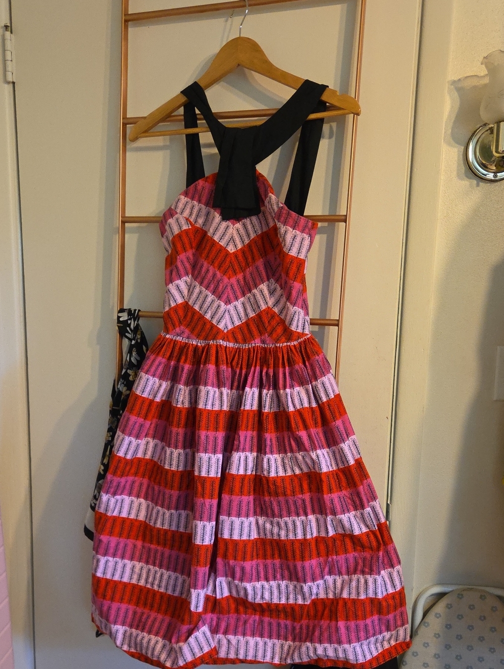 Bernie Dexter Pink and Red Striped Midi Dress with Black Straps